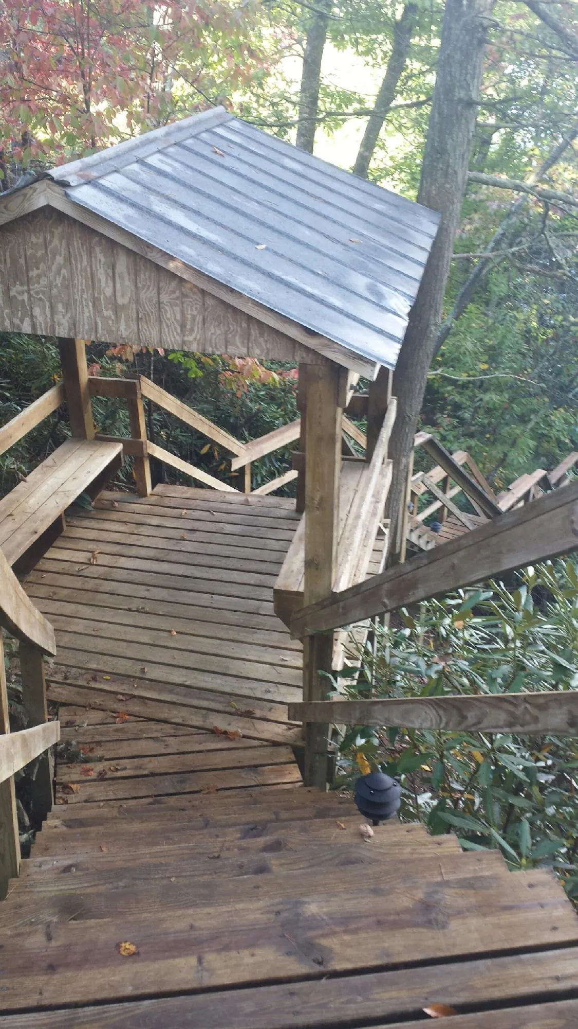 Metal roofed shelter over wooden steps on a wooded walkway — Skylight Repair & Installation work by our crew in Salamanca